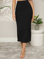 Women's Elegant Midi Skirt - Rib Knit, Chic Lettuce Hem, Non-Sheer - Versatile for Spring/Summer/Fall