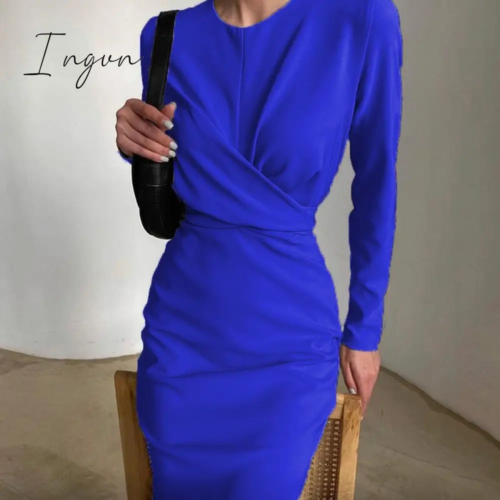 Ingvn - Autumn Elegant Women's French Dress Fashion Long Sleeves Casual Solid Color Dresses New High Waist Office Ladeis Party Vestidos