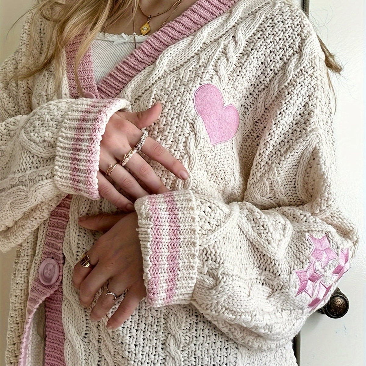 Heart & Stars Embroidered Button Front Cardigans, Casual V Neck Long Sleeve Knitted Cardigans Top For Spring & Fall, Women's Clothing
