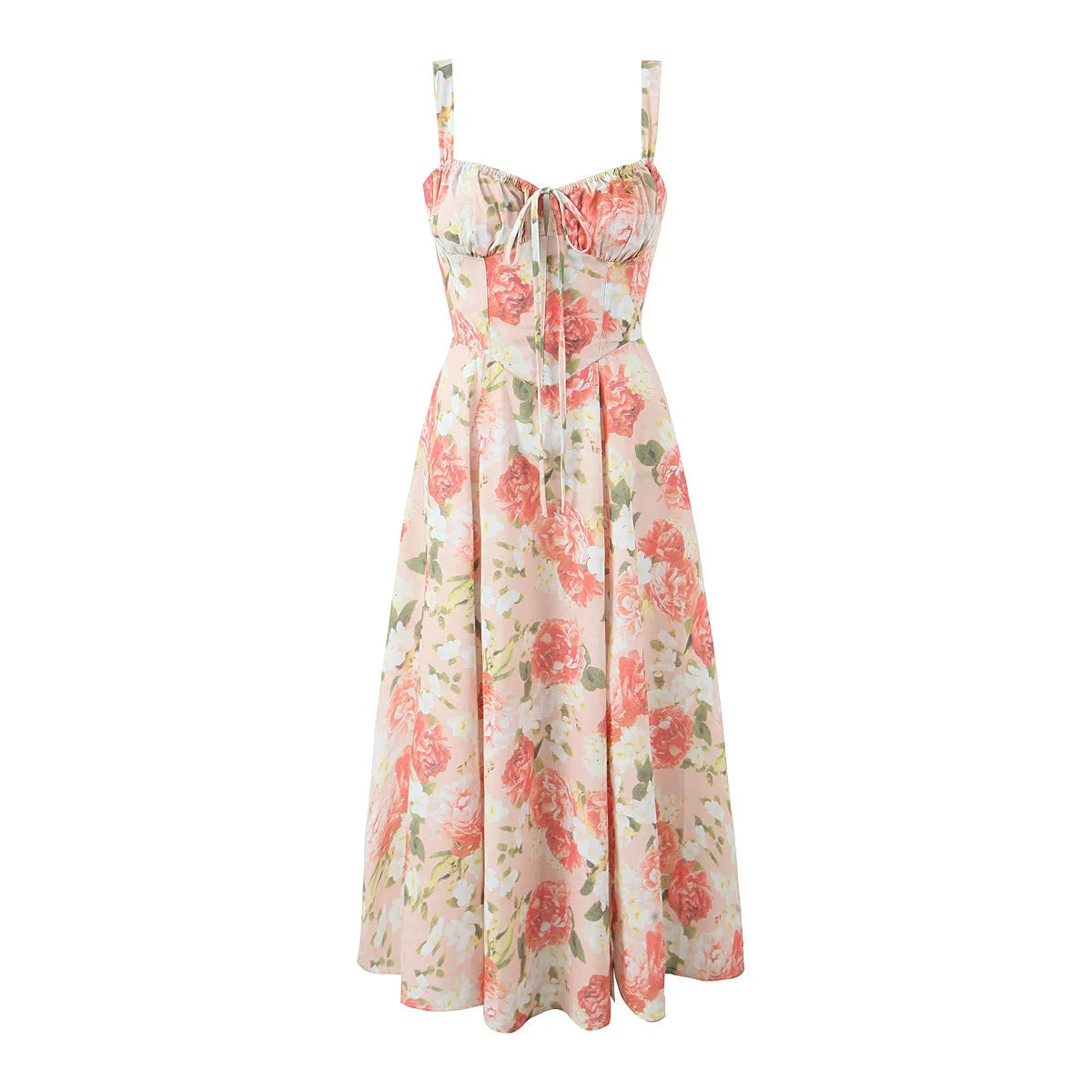 Elegant Women Sexy Front Slit Floral Print Sling Midi Dress Lace Up Bandage Back Female Summer Dresses Holiday Robe