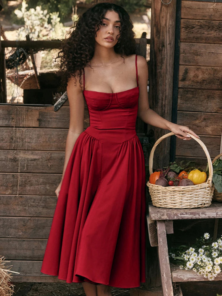 Elegant Women Dress Spaghetti Strap A-line Loose Midi Dresses Female Sleeveless Backless French Retro Long Dress