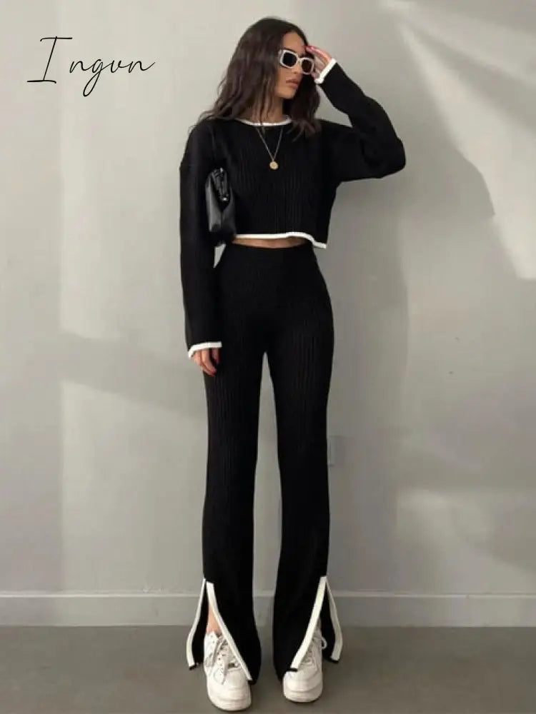 Ingvn - Clothes Outfits For Women Tracksuits Casual Tops Pants Slit Set Solid Knit Sweaters 2 Piece Matching Sets Elegant