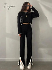Ingvn - Clothes Outfits For Women Tracksuits Casual Tops Pants Slit Set Solid Knit Sweaters 2 Piece Matching Sets Elegant