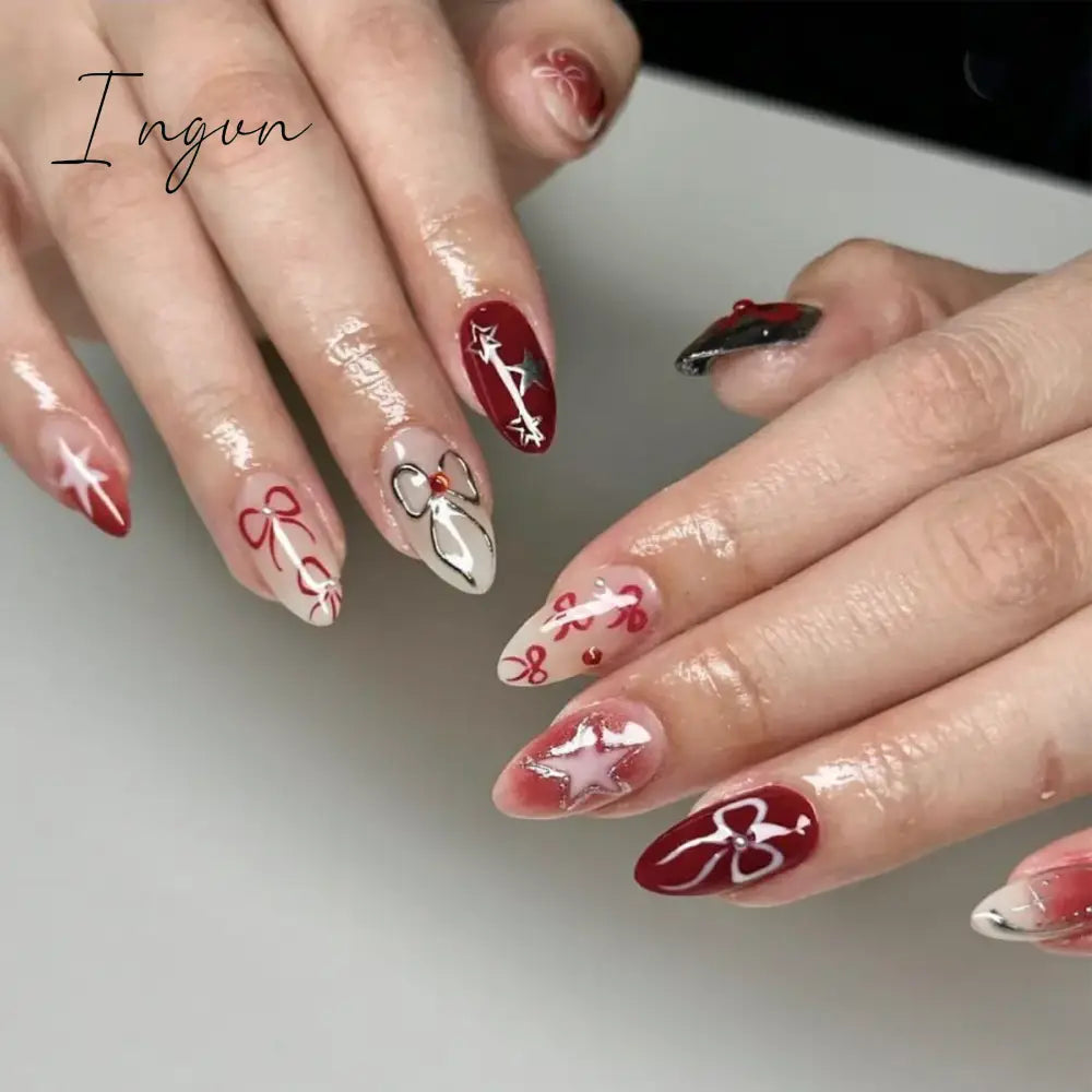 2024 New Ramadan Style False Nails with Gold Moon Star Design Almond Red French Fake Nail Patch Full Cover Detachable Manicure