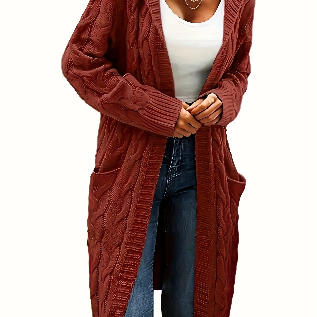 Plus Size Casual Cardigan, Women's Plus Solid Cable Long Sleeve Open Front Hooded Cardigan With Pockets