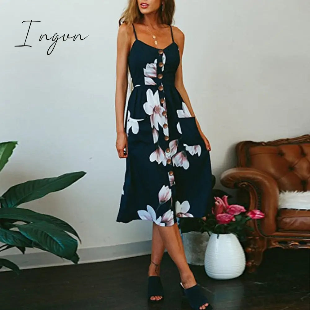 Ingvn - Vintage Casual Sundress Female Beach Dress Midi Button Backless Polka Dot Striped Women Dress Summer Boho Sexy Floral Dress