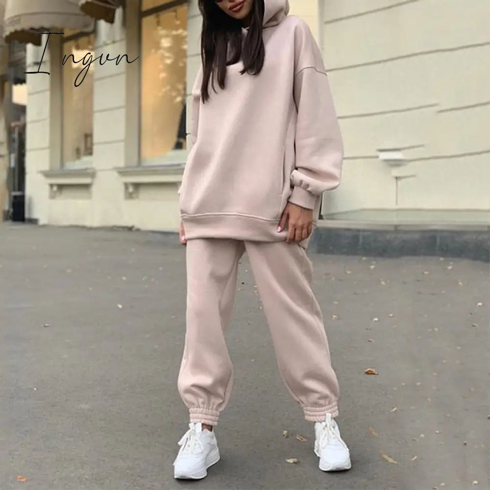 Ingvn - Women Elegant Solid Sets For Women Warm Hoodie Sweatshirts And Long Pant Fashion Two Piece Sets Ladies Lace Up Sweatshirt Suits