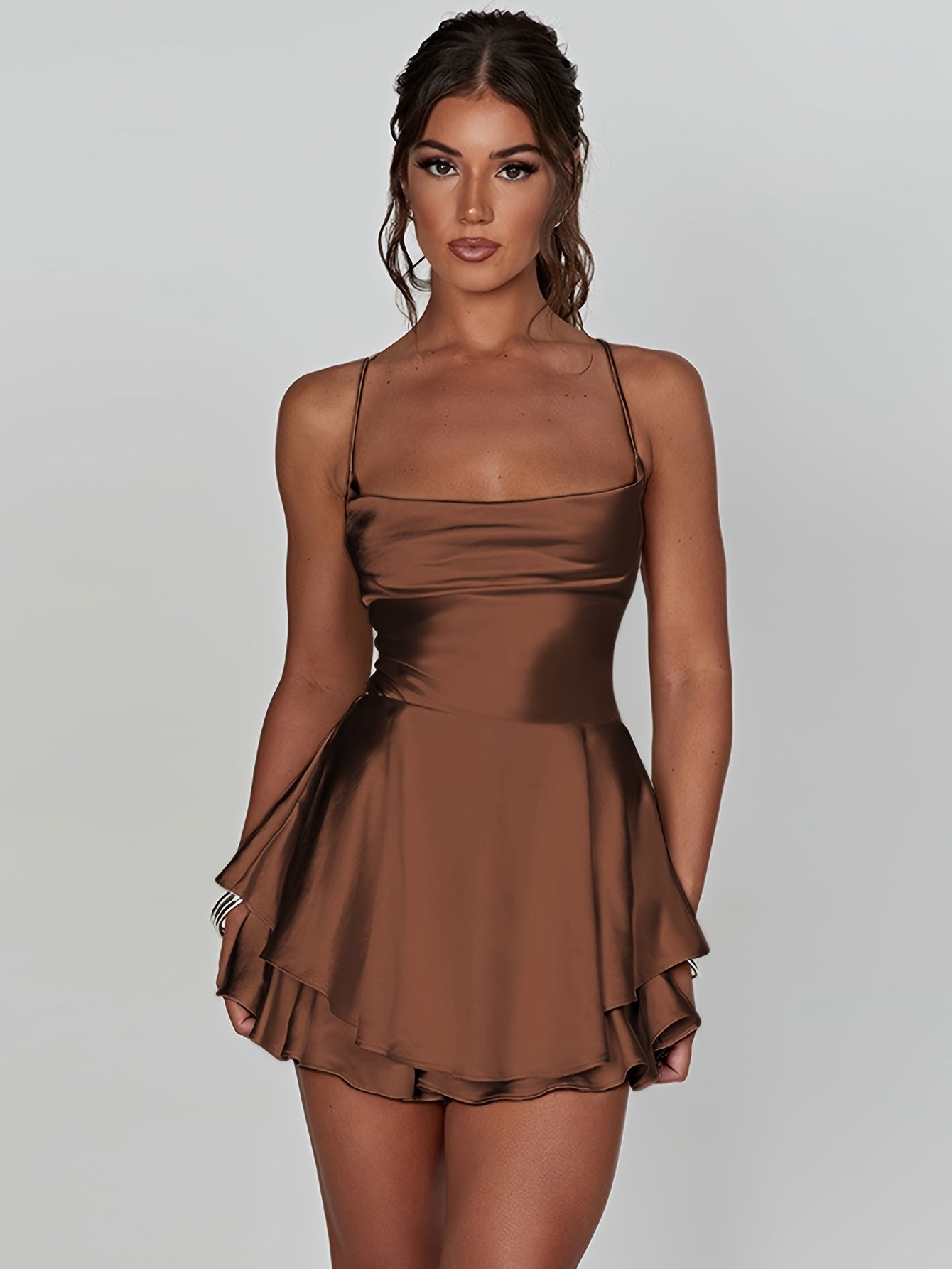 Mini Backless Ruffle Slingback Dress - Elegant Square Neck, High Elasticity Polyester, Solid Color, Knit Fabric, Perfect for Coquette Y2K Style Party Dressing - Womens Clothing for All Seasons