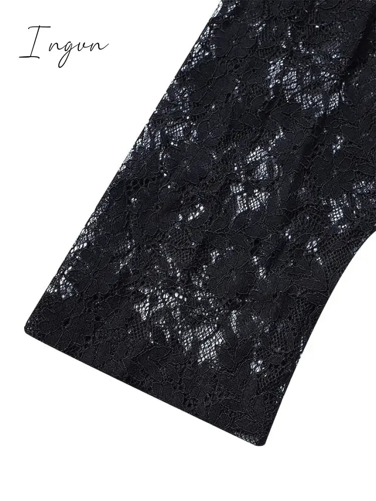 Ingvn - Women‘s Formal Party Dress Maxi long Dress Navy Blue 3/4 Length Sleeve Print Pure Color Ruched Lace Fall Winter V Neck Elegant Fashion Modern 2023 3XL