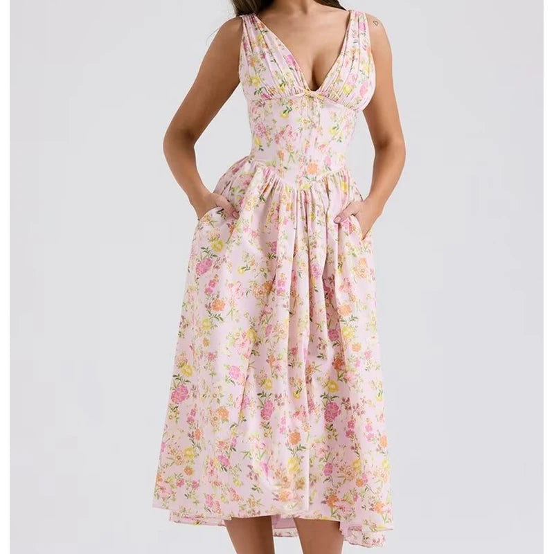 New Women Bow V Neck Floral Print Tank Summer Dress Sexy Sleeveless High Waist Elegant Holiday Party Dresses Midi Robe