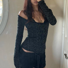 Leopard Print Black T Shirt Women Lace Patchwork Full Sleeve Tee y2k Chic Off-shoulder Cropped Top Vintage 2000s Clothing