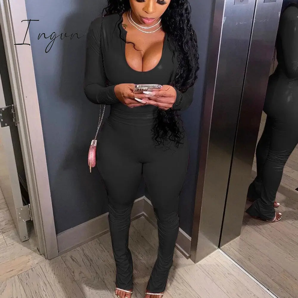 Ingvn - Autumn Pink PU Leather Skinny Top and Flare Pants Hight Wasit Legging Two Piece Set Street Party Clubwear Sexy Bodycon Outfits