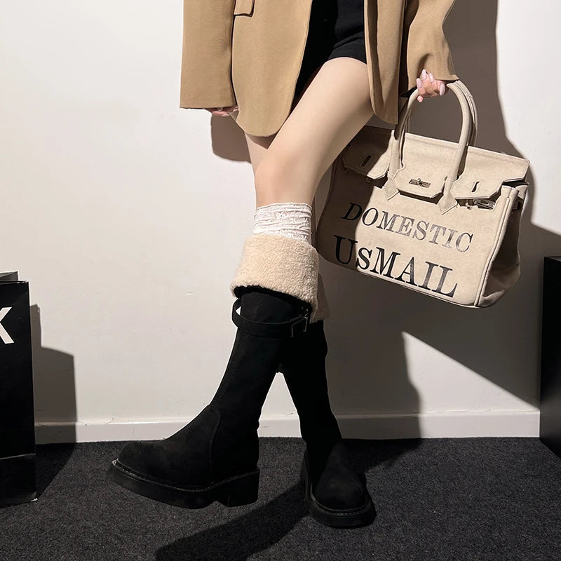 Ingvn  Vintage Winter Warm Cotton Women's Over The Knee Boots Fashion Thick Heels Long Bootties Woman Largas Booties
