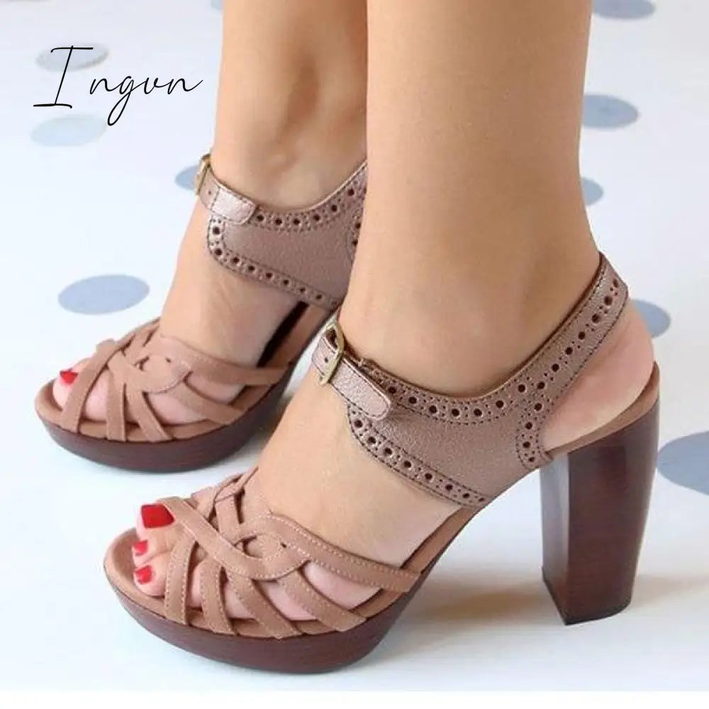 Ingvn - Peep Toe Chunky Heel PU Casual Buckle Sandals