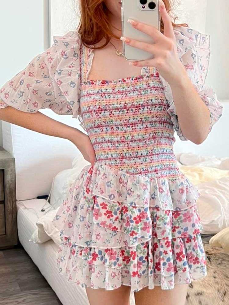 Mixed floral prints ruffled party dress puff sleeve square neck smocked sexy laides dress mini chic summer dress
