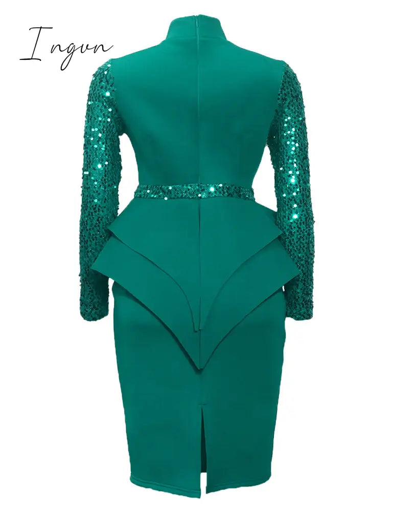 Ingvn - New arrival spring sexy lady 3 colors mid dress zipper fly ruffles bud dress full sleeve slivers office lady new dress