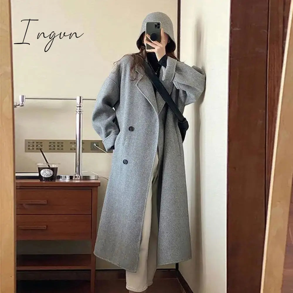 Ingvn - Elegant Women Double Breasted Loose Woolen Coat Lapel Collar Long Sleeve Casual Solid Women's Casual Oversize Coat Autumn Winter