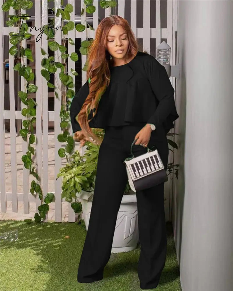 Ingvn - 2023 Elegant Work Wear Two Piece Set Fall Clothes for Women Ruffles Crop Top and Wide Leg Pants Suits Matching Sets Sexy Club Outfits