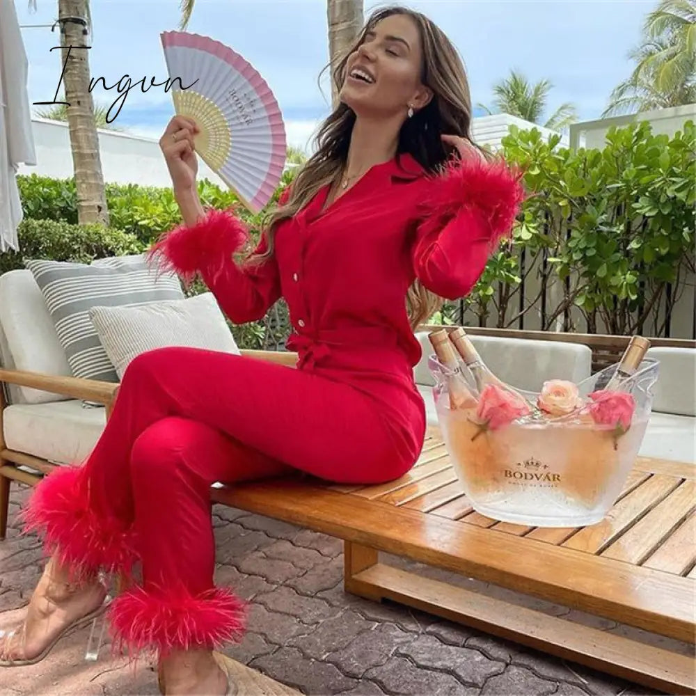 Ingvn - Trendy Women Pajamas Set Autumn Casual Lapel Tops + Feather Pants Suits Sexy Lingerie Nightwear Silk Satin Pyjamas pjs Suit 2Pcs