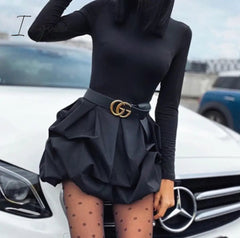 Ingvn - Solid Long Sleeve Mini Bud Dress  Party Dress  Black Dress Women Dress