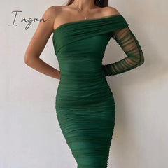Ingvn - Sexy Diagonal Neck Backless Party Dress Women Fashion One Shoulder Long Sleeve Mesh Dress Elegant Temperament Slim Solid Dresses