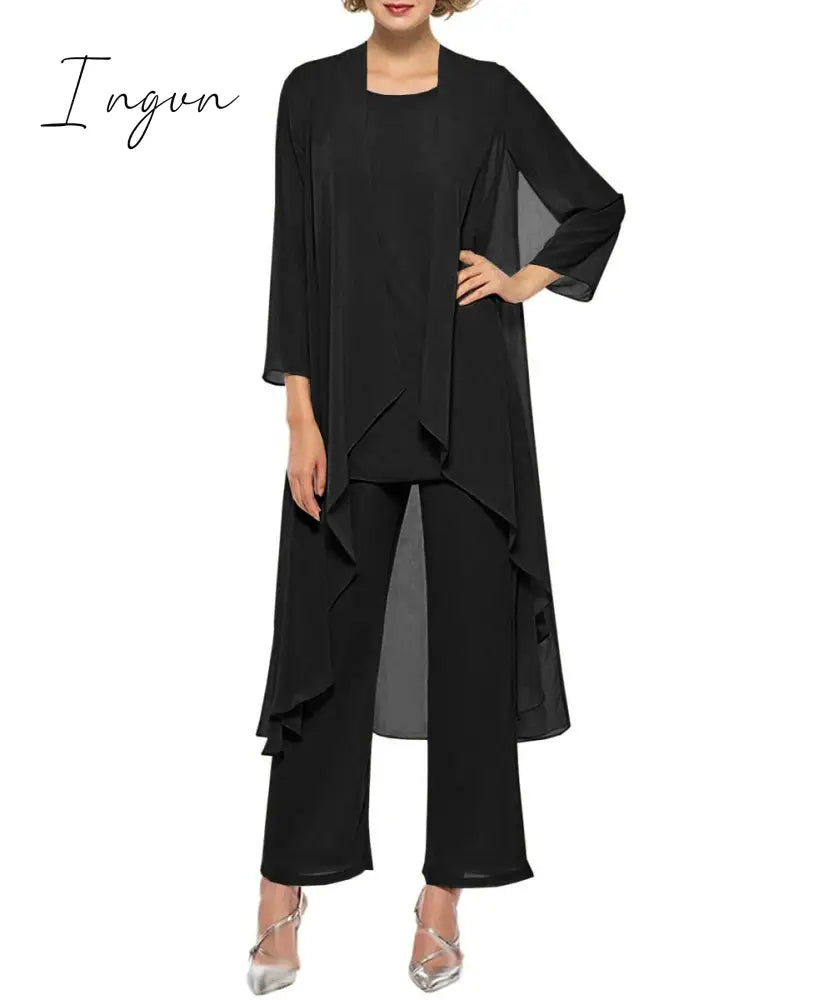 Ingvn - Mother of the Bride Dresses Plus Size Dress Blazer Champagne Chiffon Pantsuit 3 Pieces Wedding Party Guest Gown Dress