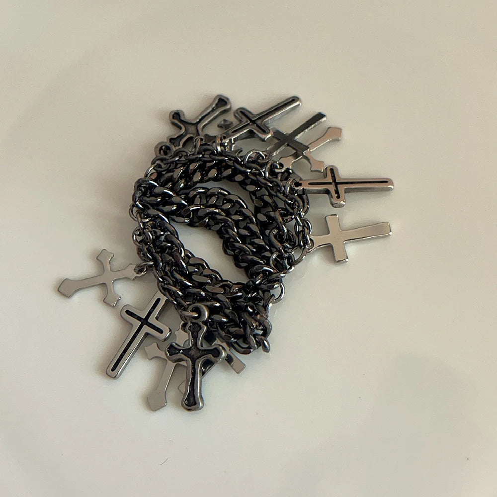 INGVN  Hip Hop Multi-Layer Ring Black Chain Cross Fringe Pendant Ring Unisex Men Women Fashion Trend Punk Jewelry Accessories