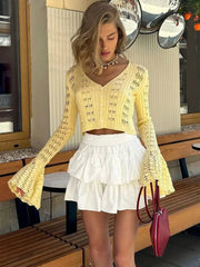Knitwear Hollow Out Sweater Cardigan Women V-Neck Long Sleeve See-Through Cropped Top Summer Knit Patchwork Cardigan Top