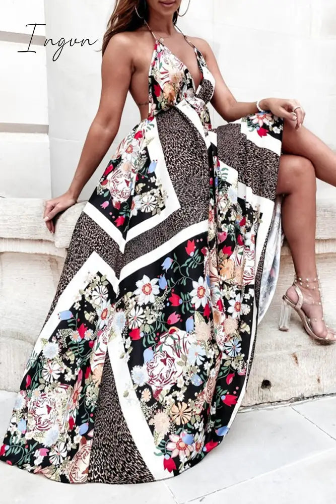 Ingvn - Sexy Bohemian Geometric Print Backless V Neck Sling Dress Dresses