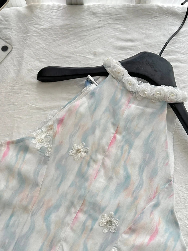 Summer French Elegant Original Design Mini Dress Women Print Lace 3D Floral Halter Party Dress Casual Chic Pretty Clothing