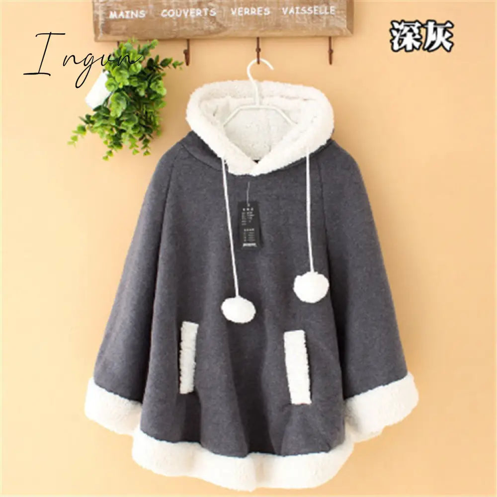 Ingvn - Lolita Cloak Harajuku Hoody Cloak Japanese Angry Cat Christmas Deer Fleece Cape Loose Pullover Batwing Sleeve Hoodie Coat