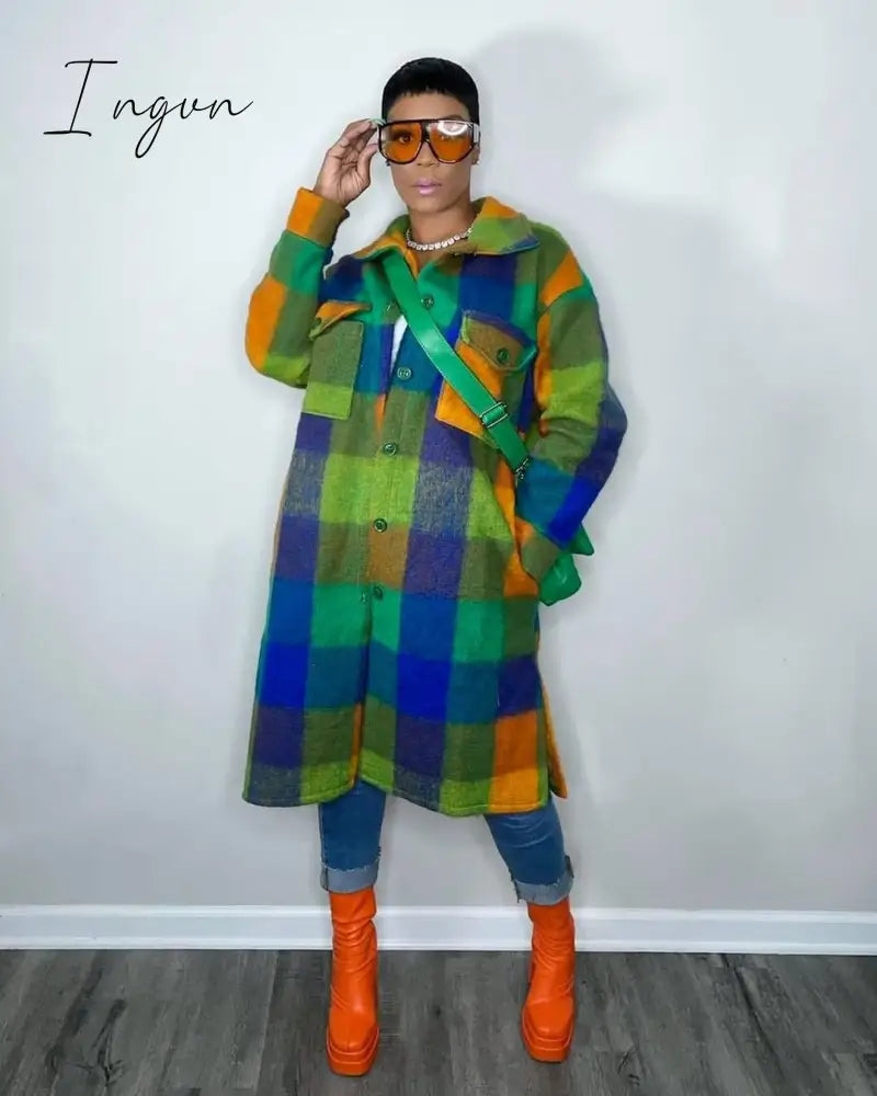 Ingvn - Women Plaid Single Breasted Long Sleeve Turn-down Neck Shirt Style Long Wool and Blends Outcoat coats and jackets women