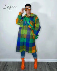 Ingvn - Women Plaid Single Breasted Long Sleeve Turn-down Neck Shirt Style Long Wool and Blends Outcoat coats and jackets women