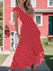 Women's A-Line Dot Polka Print Long Dress V-Neck Wedding Guest, Graduation, Party Maxi Dress