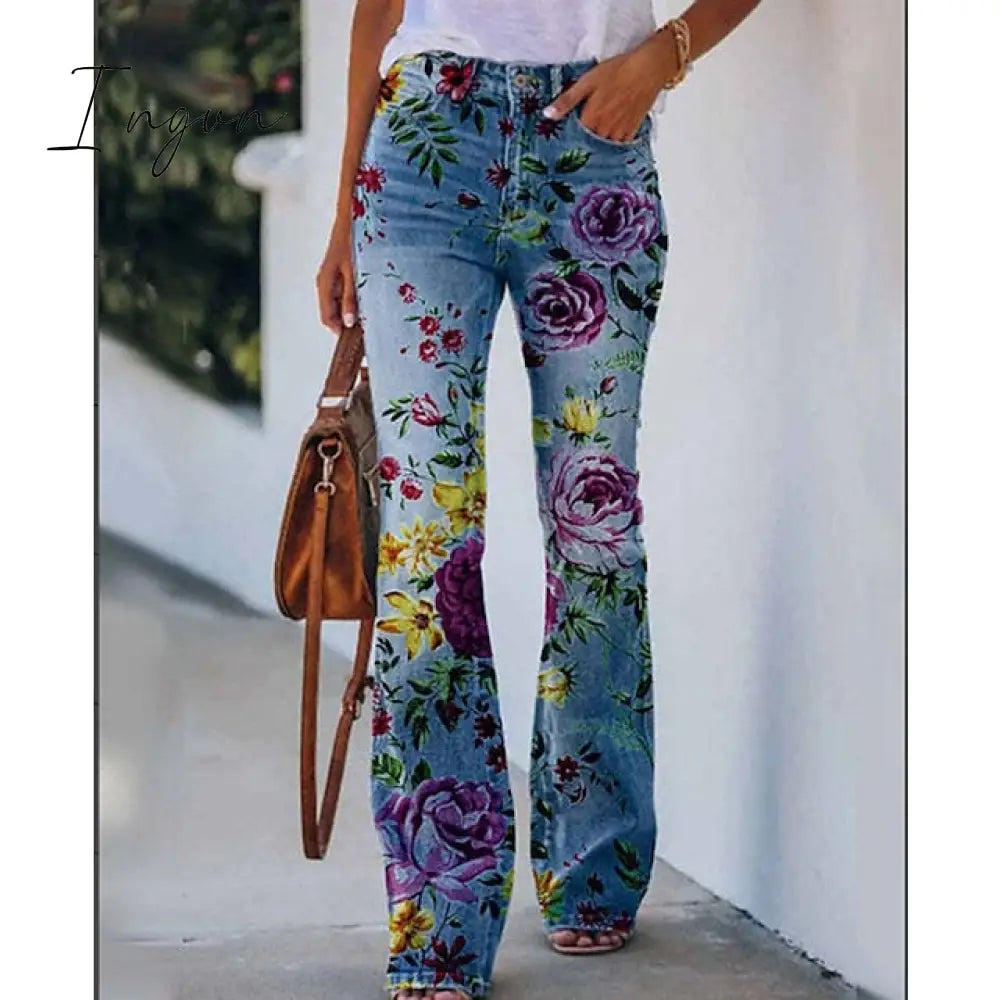 Ingvn - Women's Flared Pants Bell Bottom Pants Trousers Faux Denim Blue Red & White Purple Fashion Halloween Weekend Side Pockets Print Micro-elastic Full Length Comfort Skull S M L XL XXL