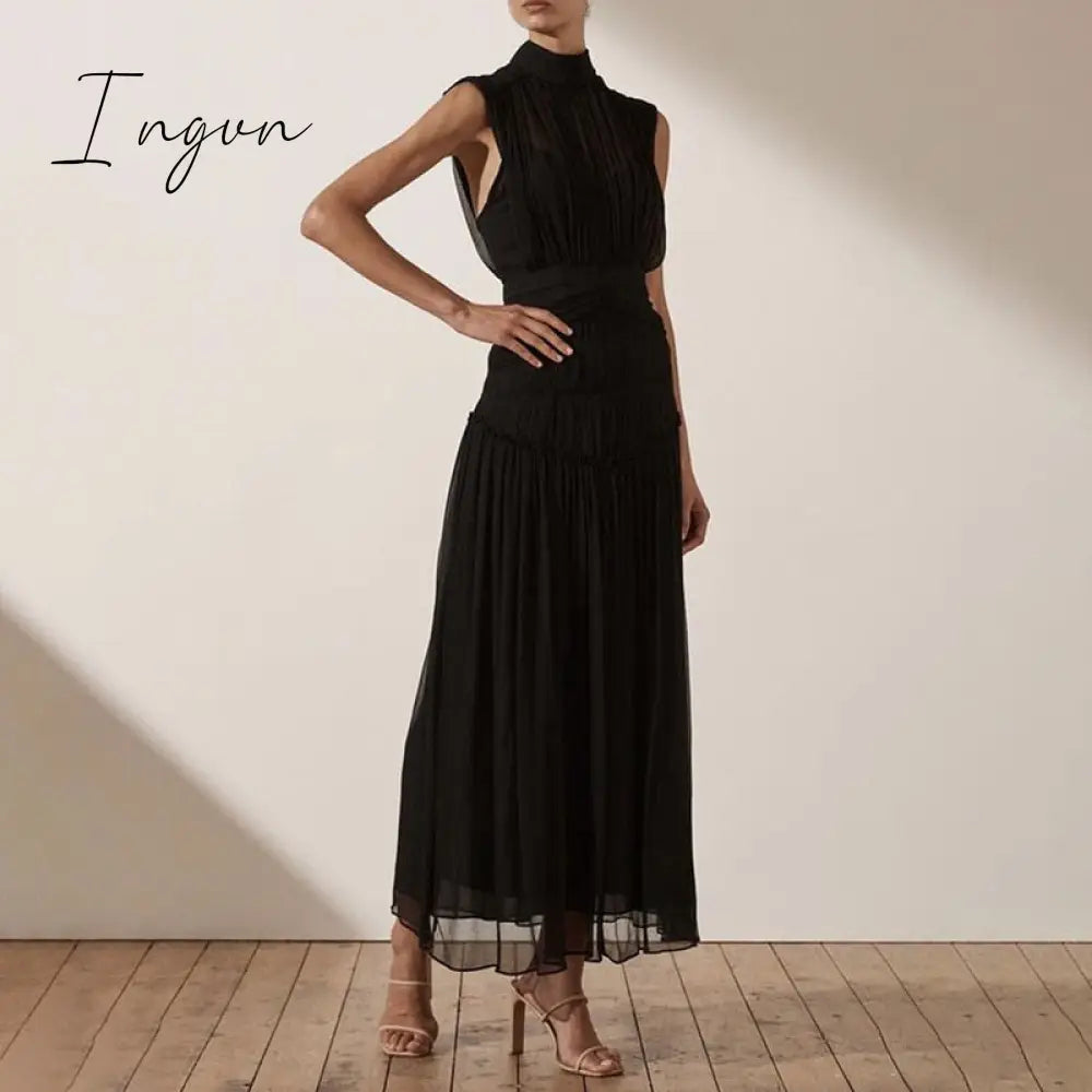 Ingvn - 2023 Summer Women Chiffon Midi Dress Party Stand Collar Sleeveless Pleated Waist Elegant Lady Ruched Floral Long Dress Ruffle
