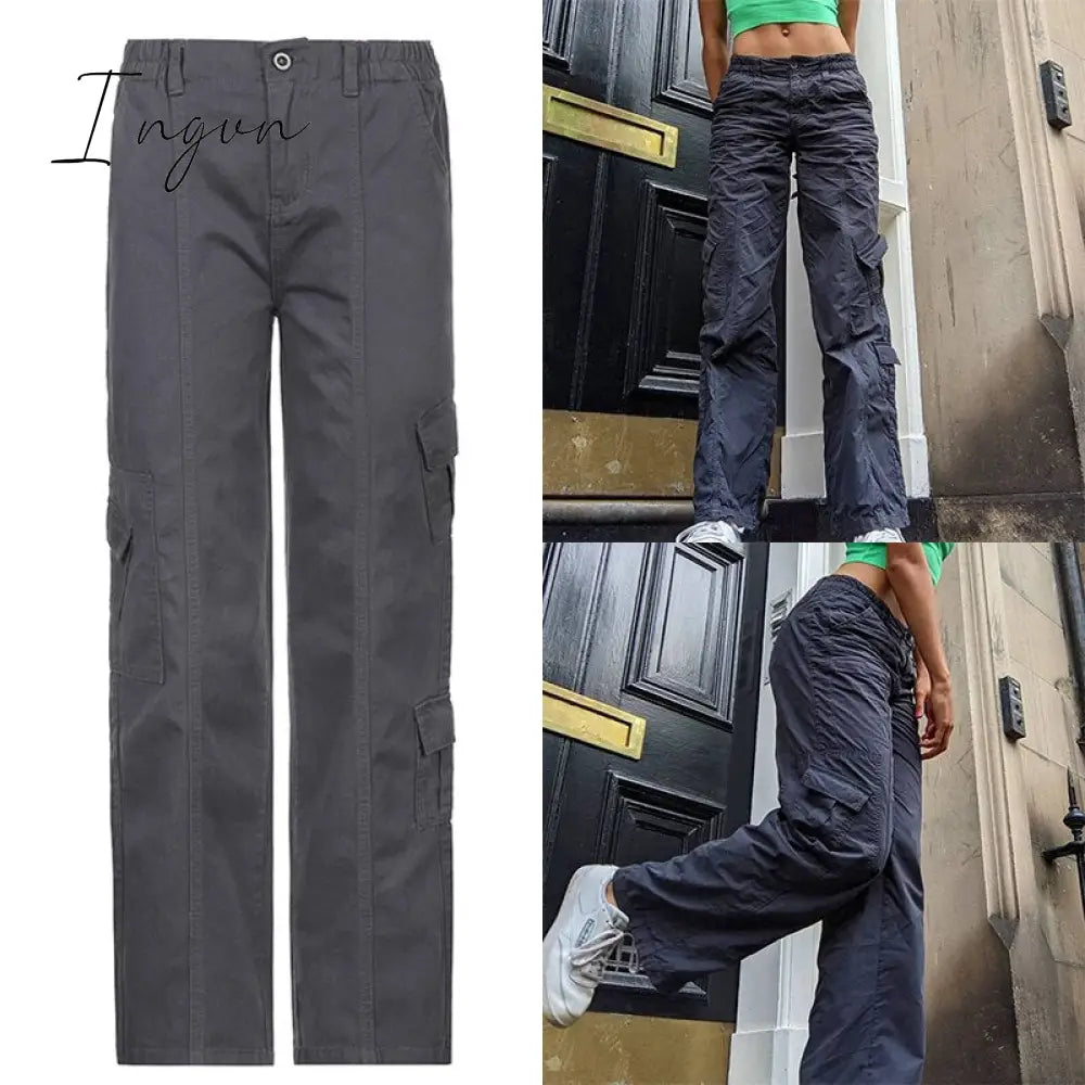 Ingvn - Women Spring Fashion Multi Pockets White Cargo Pants Women Adjustable Low Waist Baggy Wide Leg Jeans Oversized Casual Trousers Retro Bottoms Iamhotty