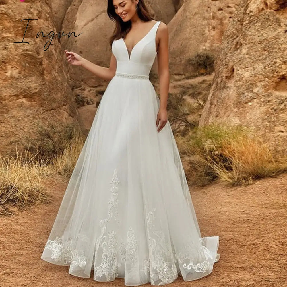 Ingvn - 2 In 1 Wedding Jumpsuit With Detachable Skirt Two Pieces Bridal Dresses Pants Suit For Women Lace Tulle V-Neck Sweep Train Gowns