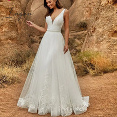 Ingvn - 2 In 1 Wedding Jumpsuit With Detachable Skirt Two Pieces Bridal Dresses Pants Suit For Women Lace Tulle V-Neck Sweep Train Gowns