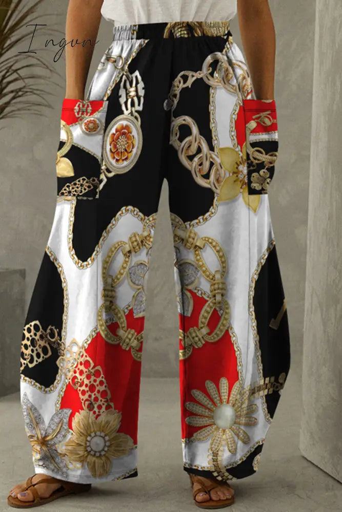 Ingvn - Red Casual Print Patchwork Pocket Regular High Waist Conventional Full Print Trousers