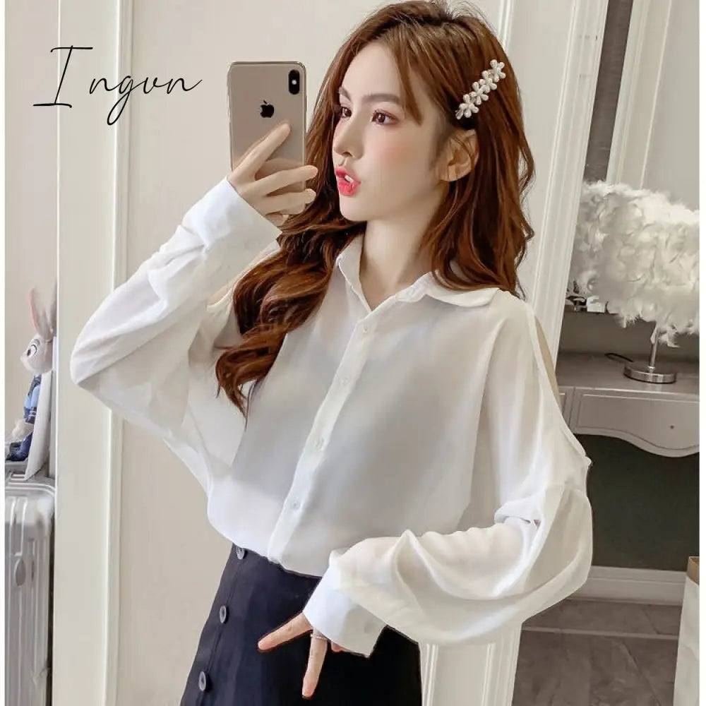 Ingvn - Beading Women's Elegant Blouse Office Outfits Feminine Shirts Off The Shoulder Long Sleeve Top Korean Fashion Designer New