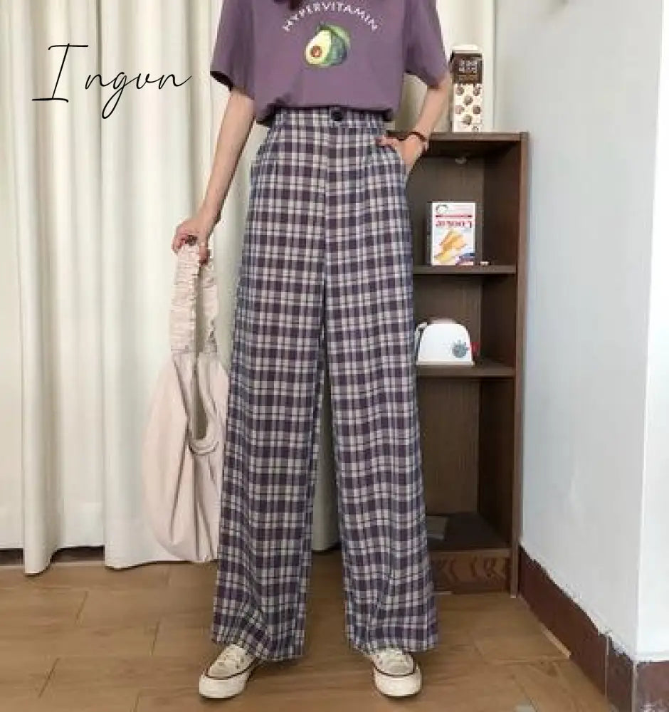 Ingvn - Simple Vintage Plaid Causal Long Women Pants Street Fashion Straight Wide Leg Pant