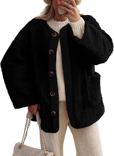 Women's Warm Winter Coat Collarless Casual Long Sleeve Button Plush Lambskin Jacket Coat
