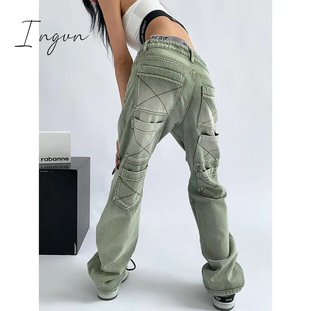 Ingvn - Women's Green Jeans Vintage Washed Multiple Pockets Wide Leg Pants Casual Street High Waist Baggy Denim Trouser Ladies Summer