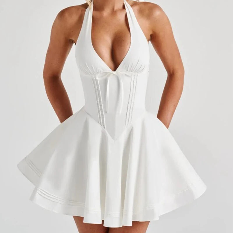 Sexy Deep V Halter White Mini Dress Women Fashion Backless A-line Elegant Party Dresses Summer Robe Lace Up Vestidos