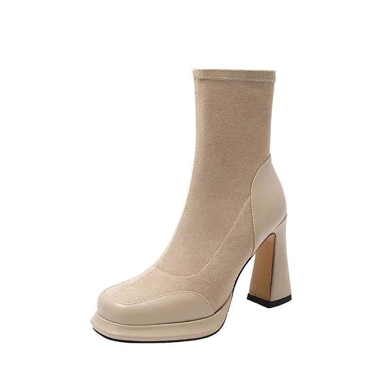 Chunky Heel Short Boots for Women Autumn Winter Splicing Waterproof Platform Skinny Boots Suede Temperament High-heeled Botines