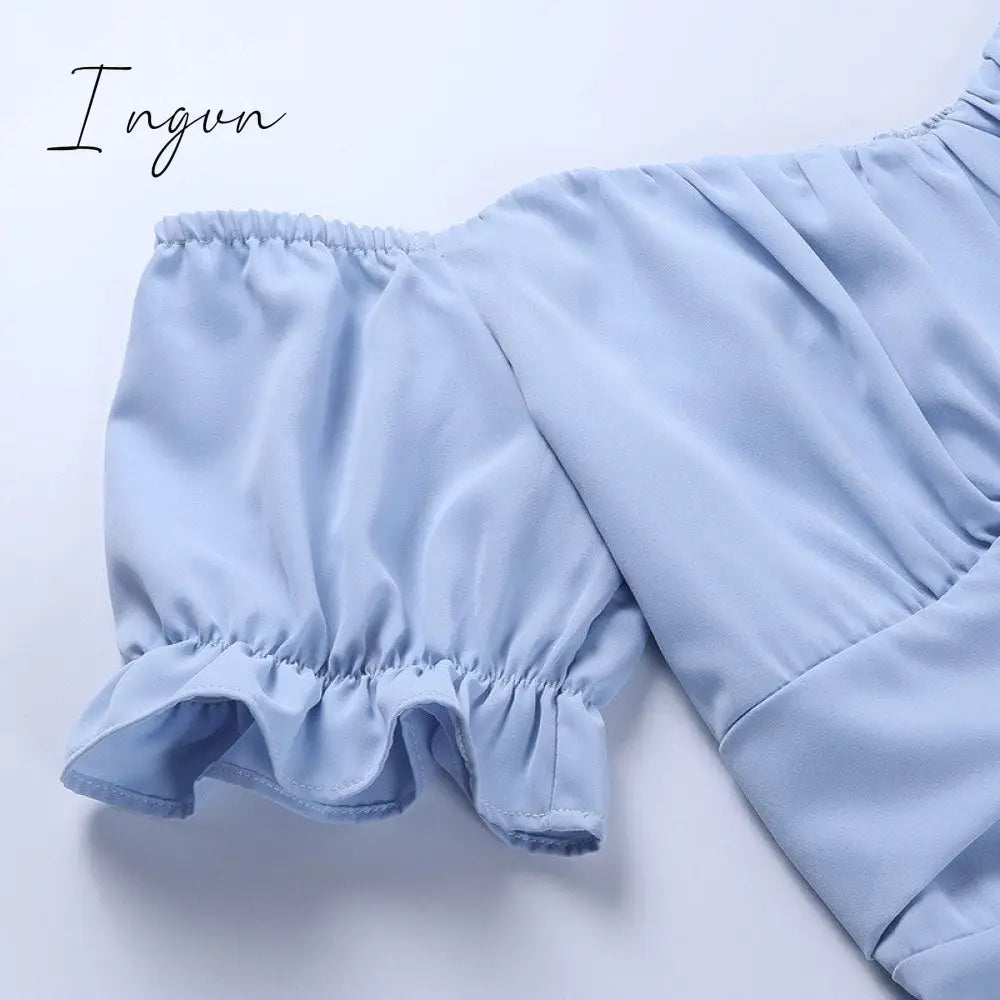 Ingvn - Short Sleeve Bodycon Beach Dresses High Waist A-line Ladies Party Vestidos Elegant Solid V-neck Summer Women Dress