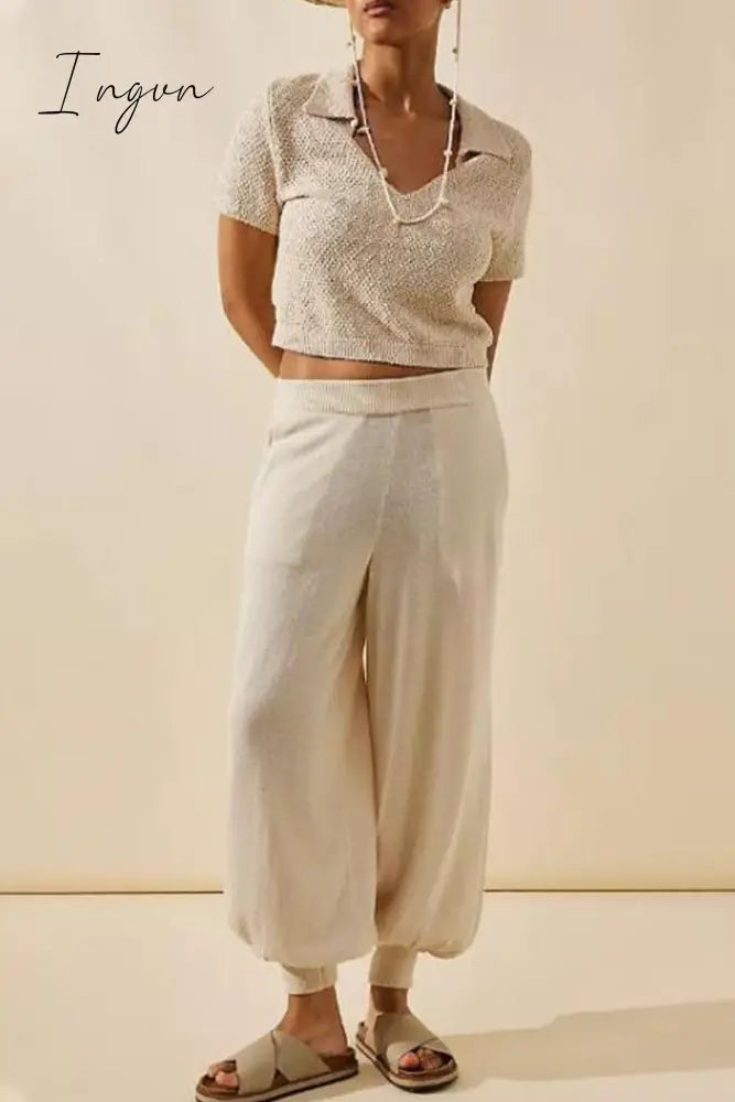 Ingvn - Casual Simplicity Solid Patchwork Pocket V Neck Short Sleeve Two Pieces