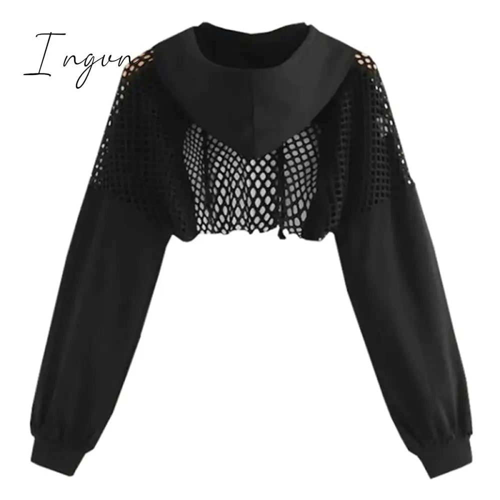Ingvn - Black Hoodies for Women Hollow Out Crop Tops Mesh Patchwork Short Sweatshirt Long Sleeve Autumn Tops and Pullovers
