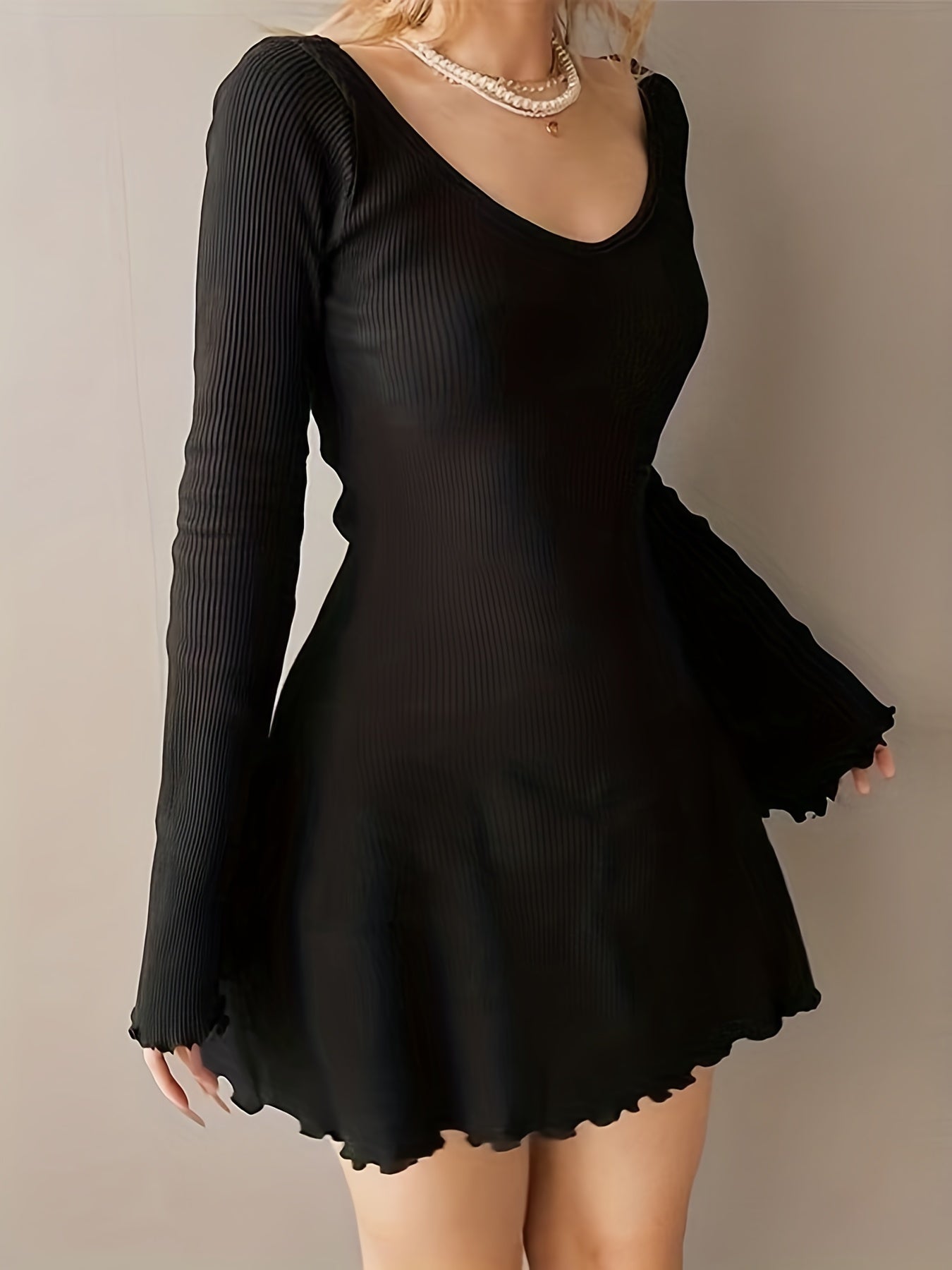 Stylish Solid Lettuce Trim Crew Neck Long Sleeve Dress - Elegant Women's Clothing for Everyday Wear - Comfortable, Relaxed Fit, Versatile, and Chic